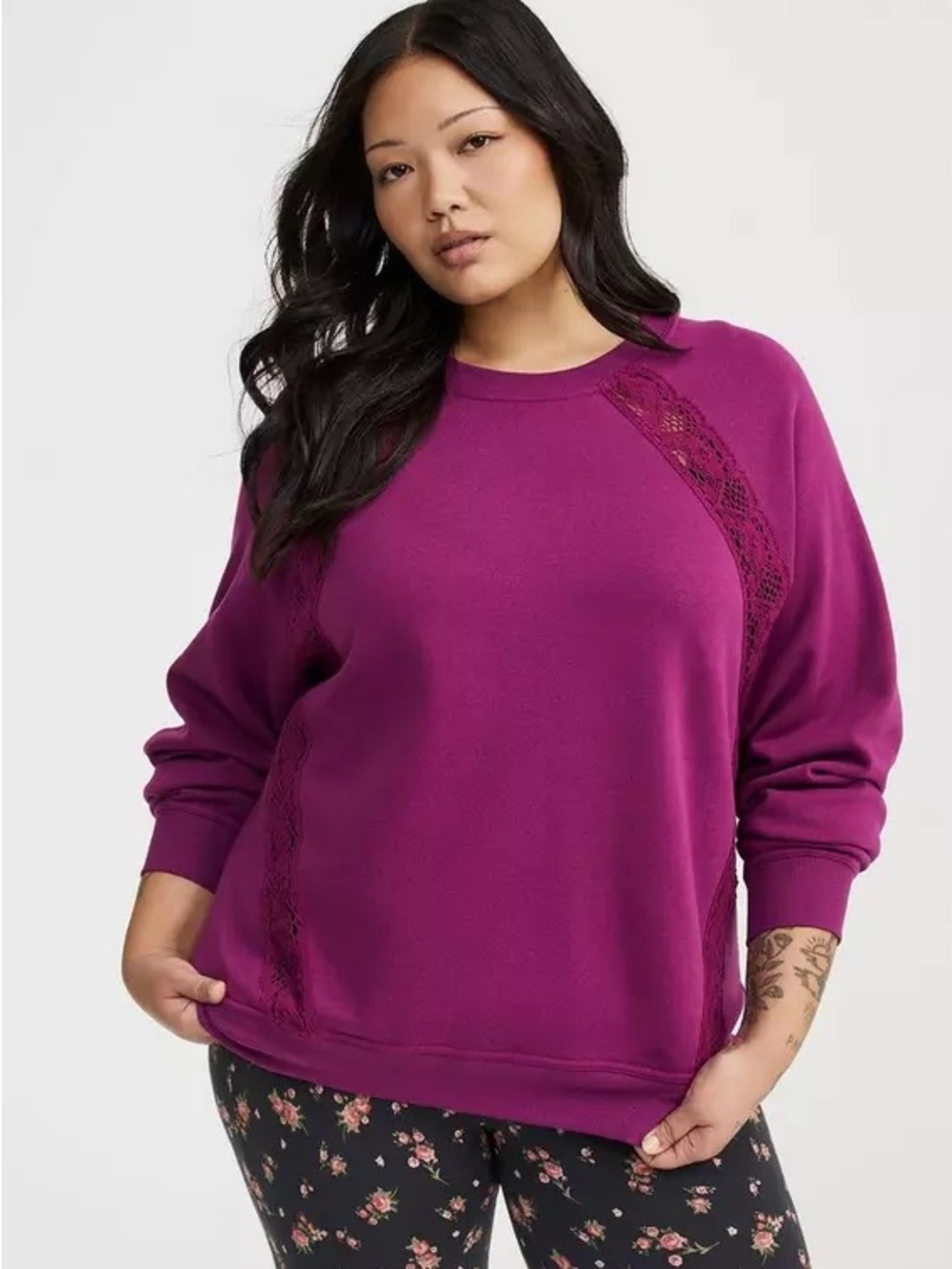 Torrid Plum Lace Pullover Crew Sweatshirt 2X Cozy Fleece Long Sleeve Plus Size